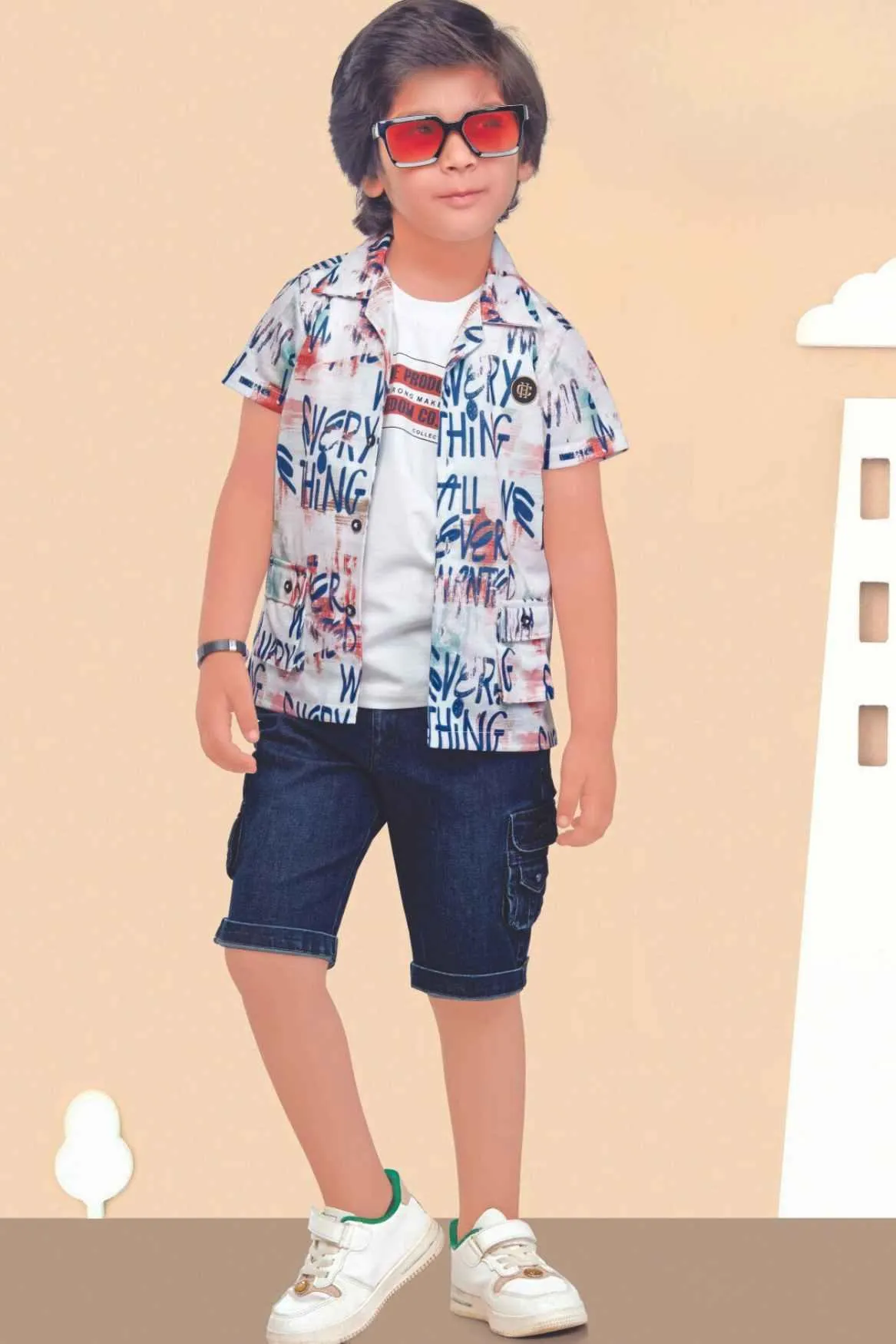 White T-Shirt With Multicolor Overcoat And Denim Shorts Set For Boys