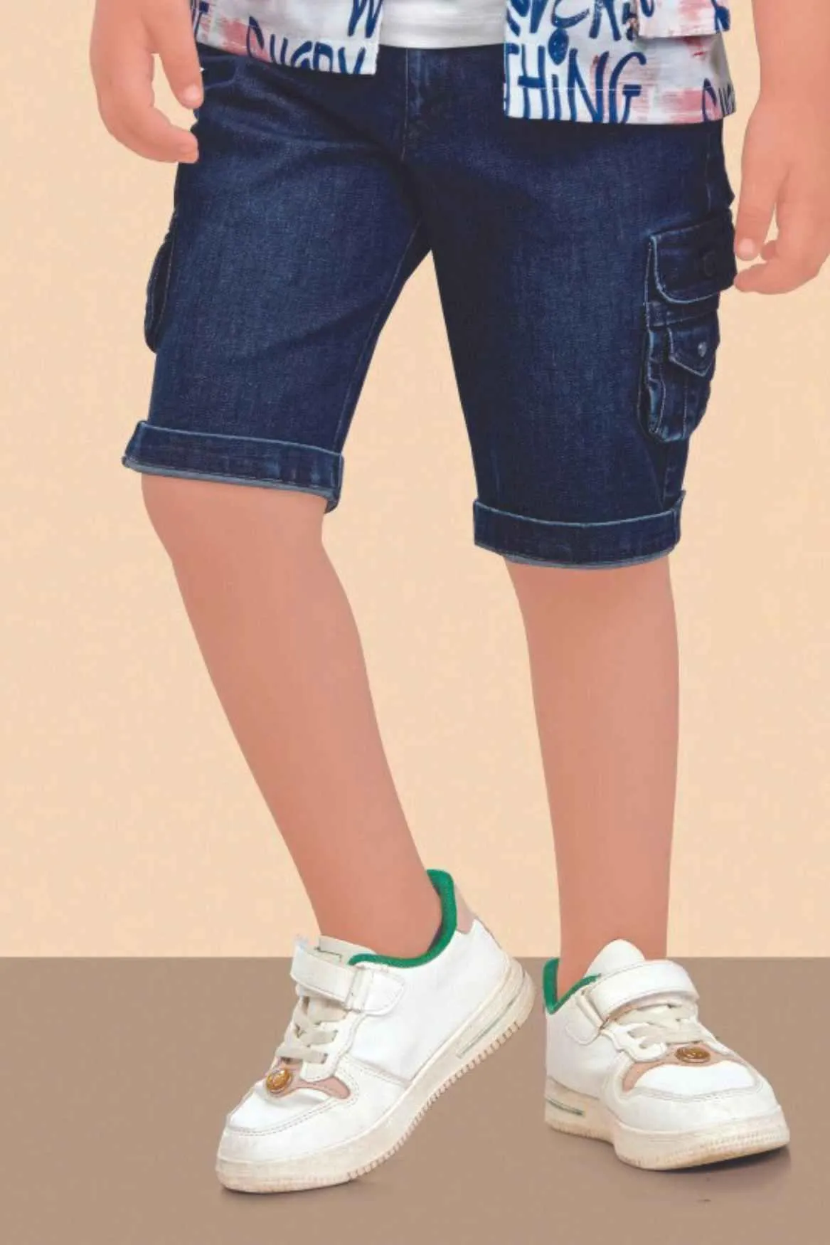 White T-Shirt With Multicolor Overcoat And Denim Shorts Set For Boys
