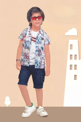 White T-Shirt With Multicolor Overcoat And Denim Shorts Set For Boys