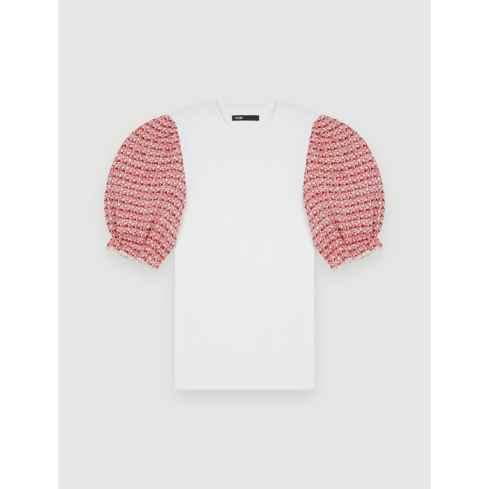 Women Knit Pullover With Tweed Sleeves - Ecru