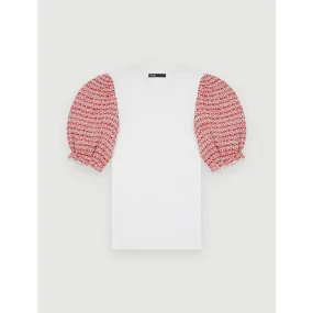 Women Knit Pullover With Tweed Sleeves - Ecru