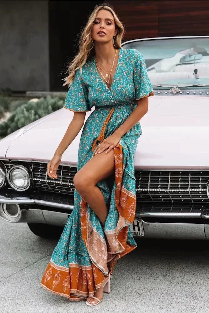 Women’s Bohemian V-Neck Short Sleeve Maxi Dress