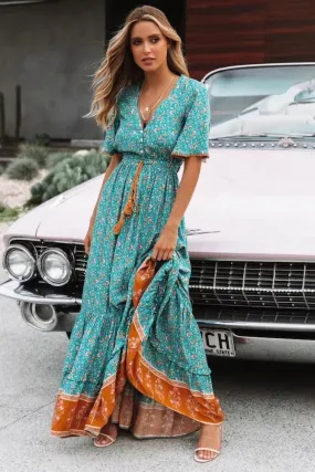 Women’s Bohemian V-Neck Short Sleeve Maxi Dress