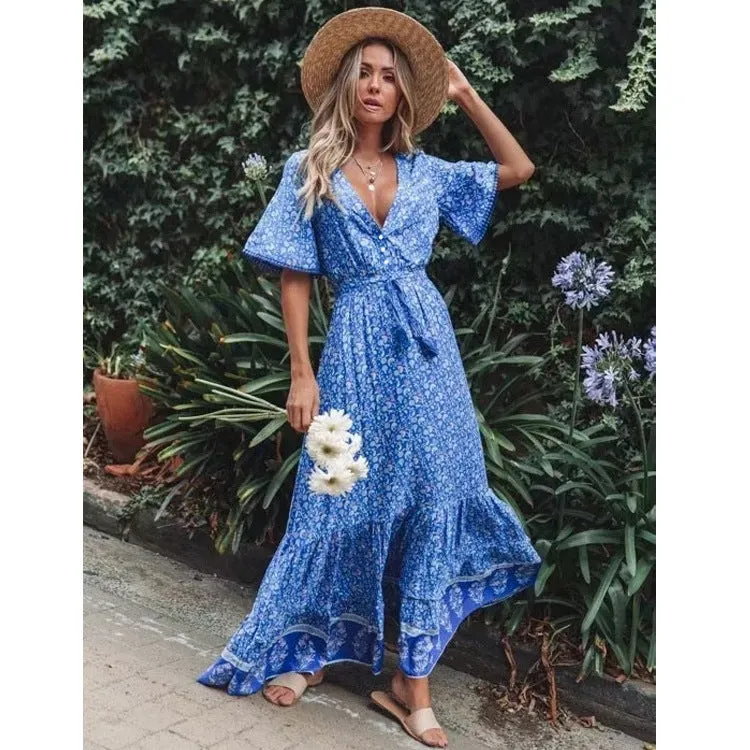 Women’s Bohemian V-Neck Short Sleeve Maxi Dress