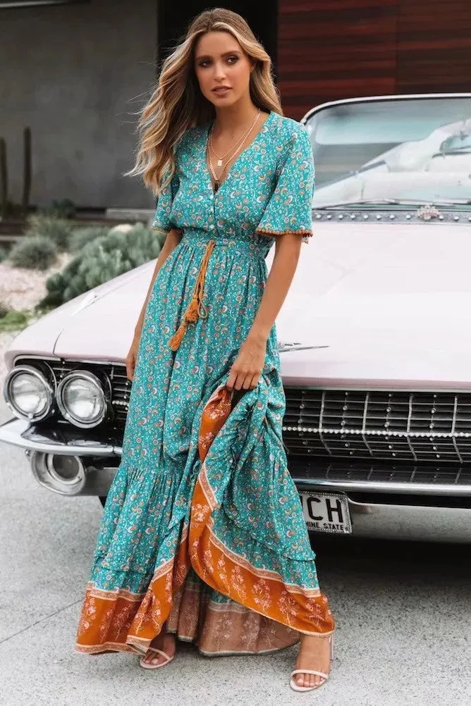 Women’s Bohemian V-Neck Short Sleeve Maxi Dress