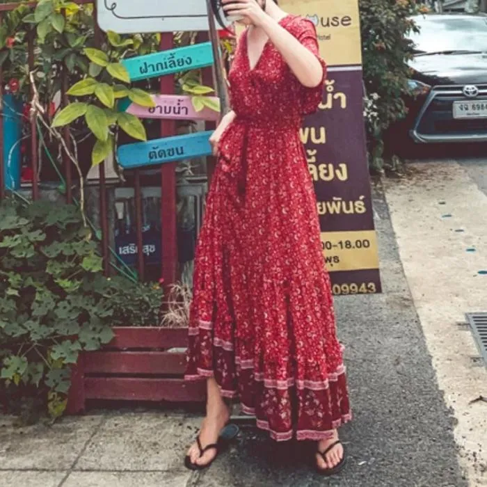 Women’s Bohemian V-Neck Short Sleeve Maxi Dress