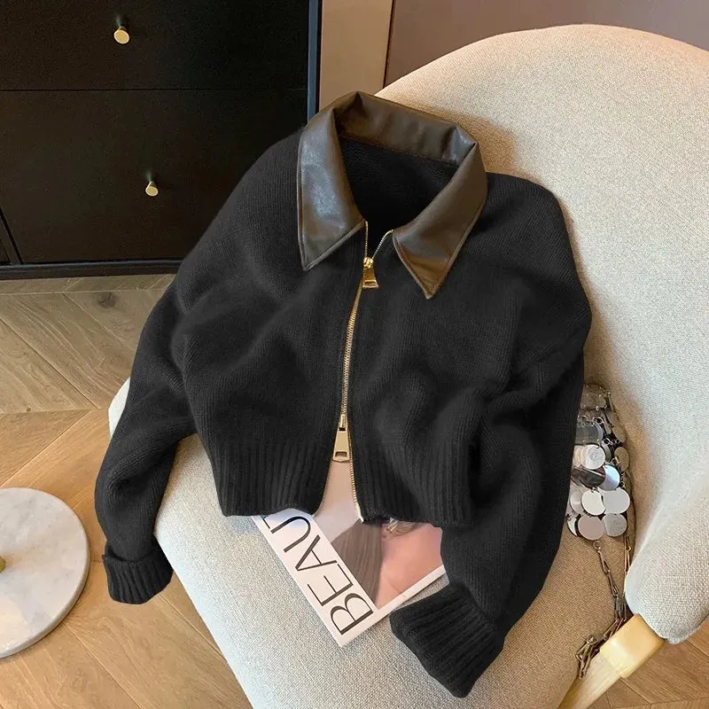 Women's Leather Collar Double Zipper Long Sleeve Knitted Sweater