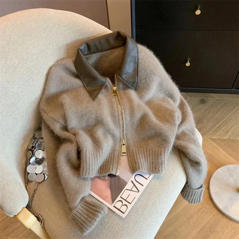 Women's Leather Collar Double Zipper Long Sleeve Knitted Sweater