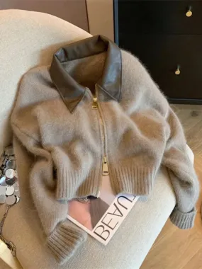 Women's Leather Collar Double Zipper Long Sleeve Knitted Sweater