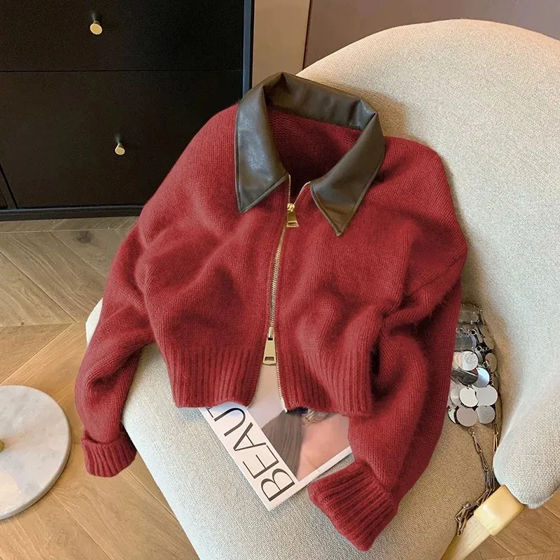 Women's Leather Collar Double Zipper Long Sleeve Knitted Sweater