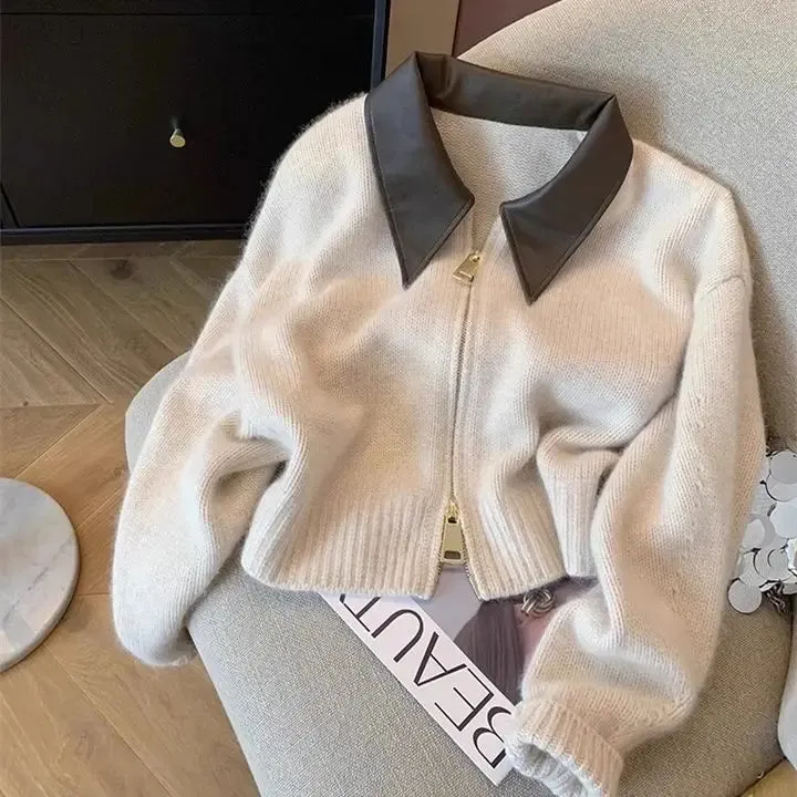 Women's Leather Collar Double Zipper Long Sleeve Knitted Sweater