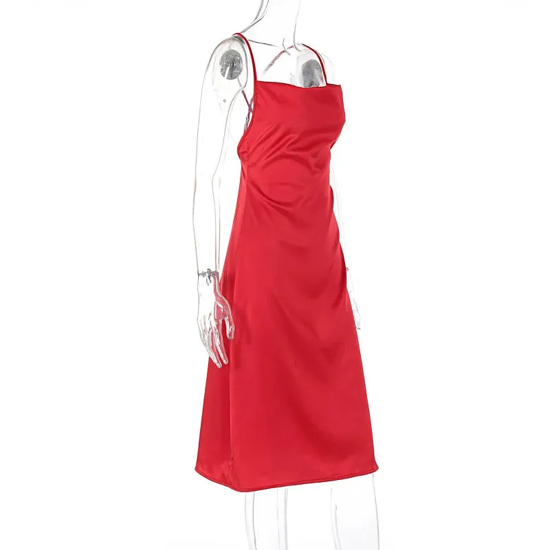 Women's Satin Slim Strap Backless Dress