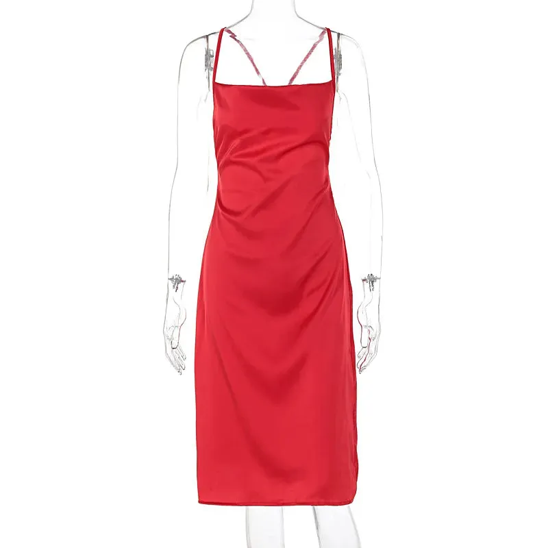 Women's Satin Slim Strap Backless Dress