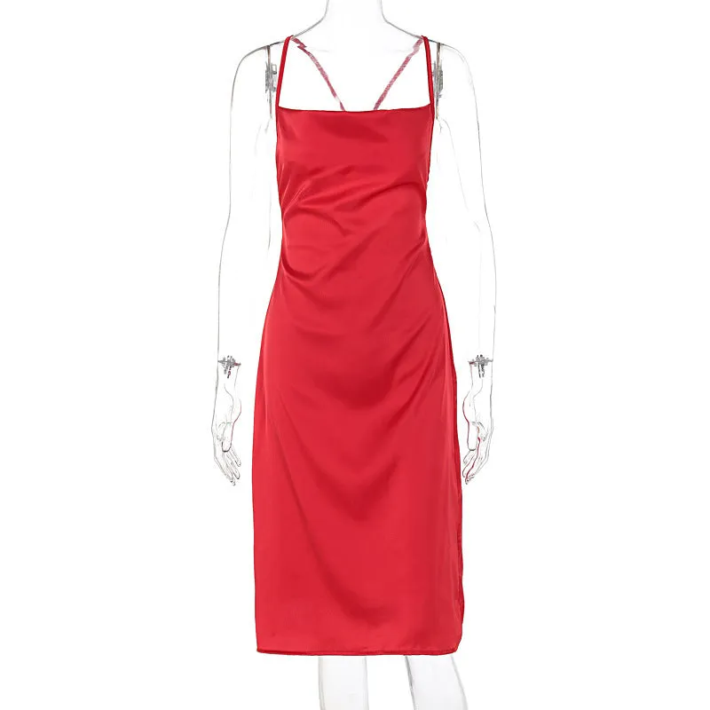 Women's Satin Slim Strap Backless Dress