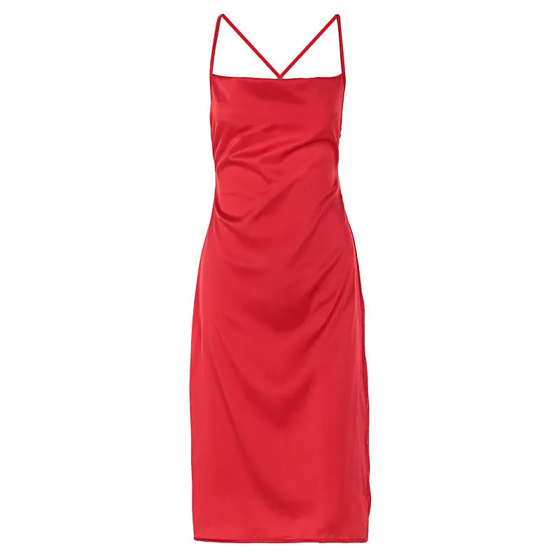 Women's Satin Slim Strap Backless Dress