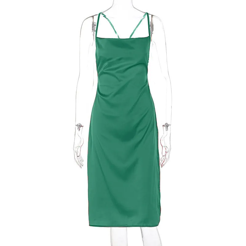Women's Satin Slim Strap Backless Dress