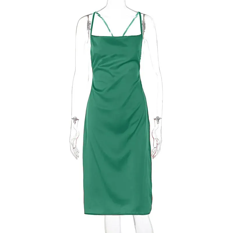 Women's Satin Slim Strap Backless Dress