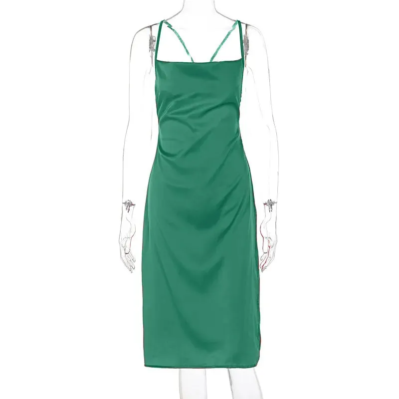 Women's Satin Slim Strap Backless Dress