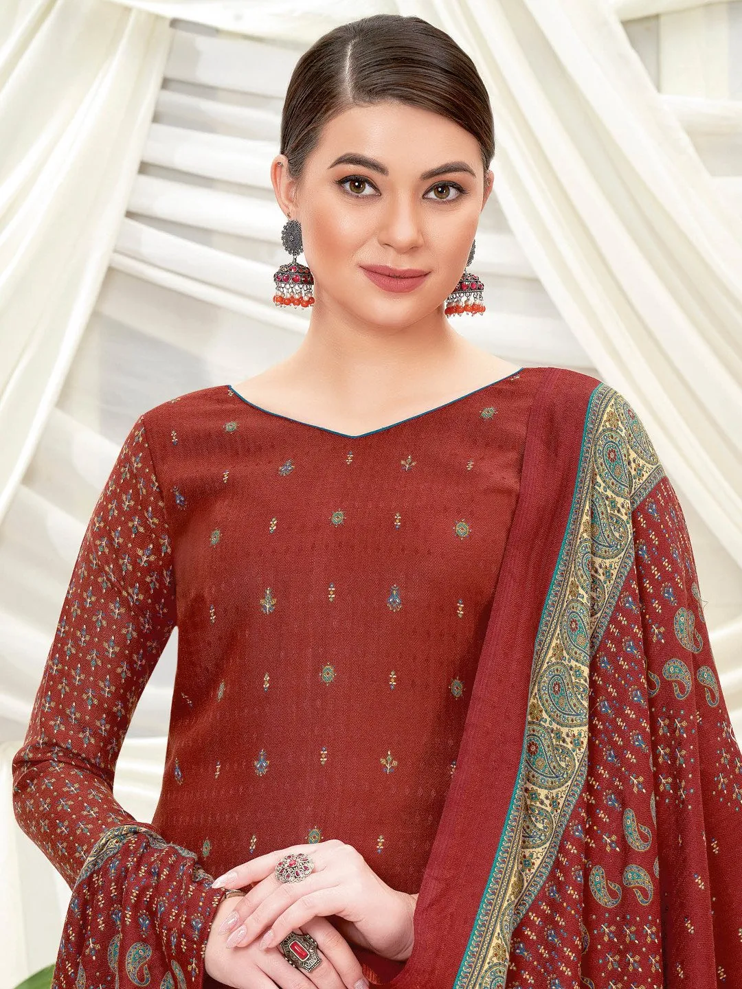 Wool Pashmina Rust Red Printed Unstitched Winter Suit Set