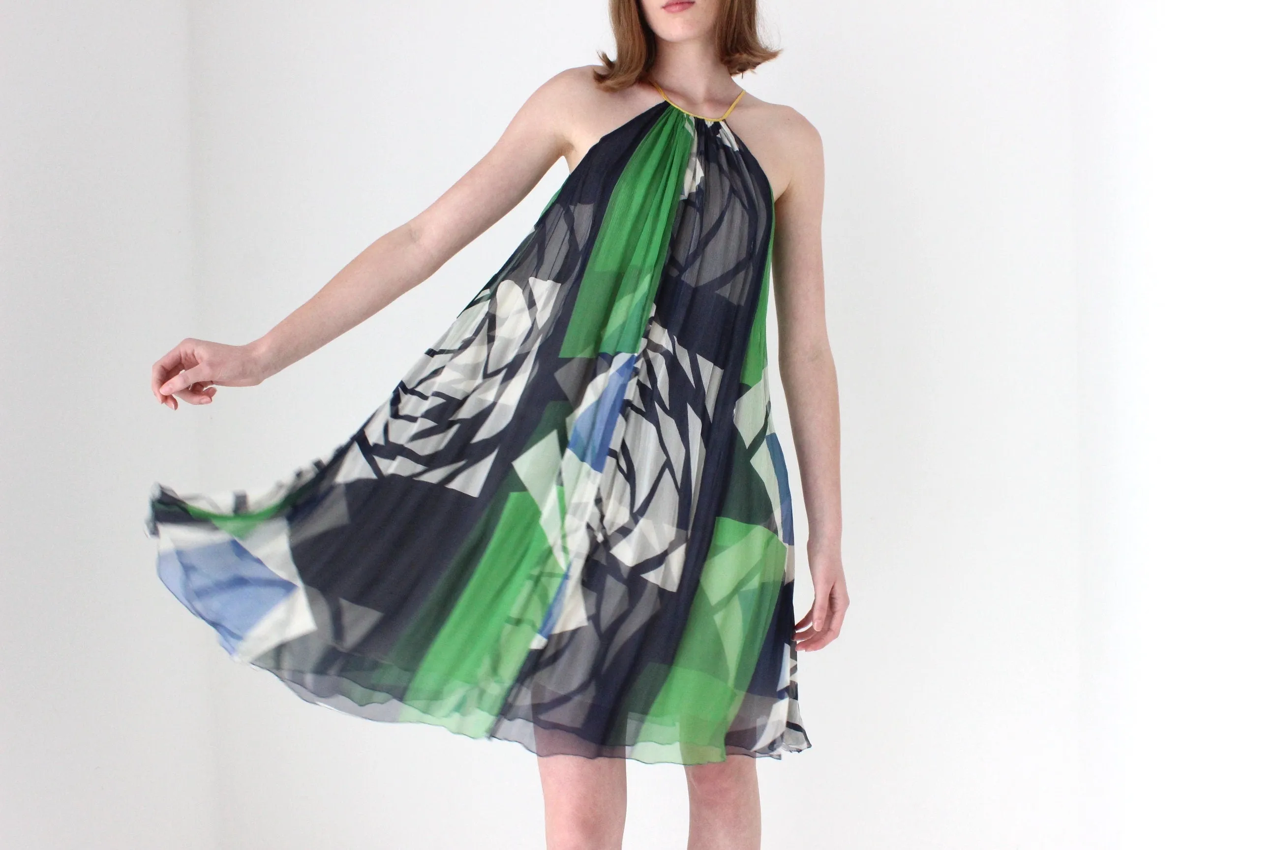 Y2K Designer CATHERINE MALANDRINO Patchwork Silk Trapeze Dress