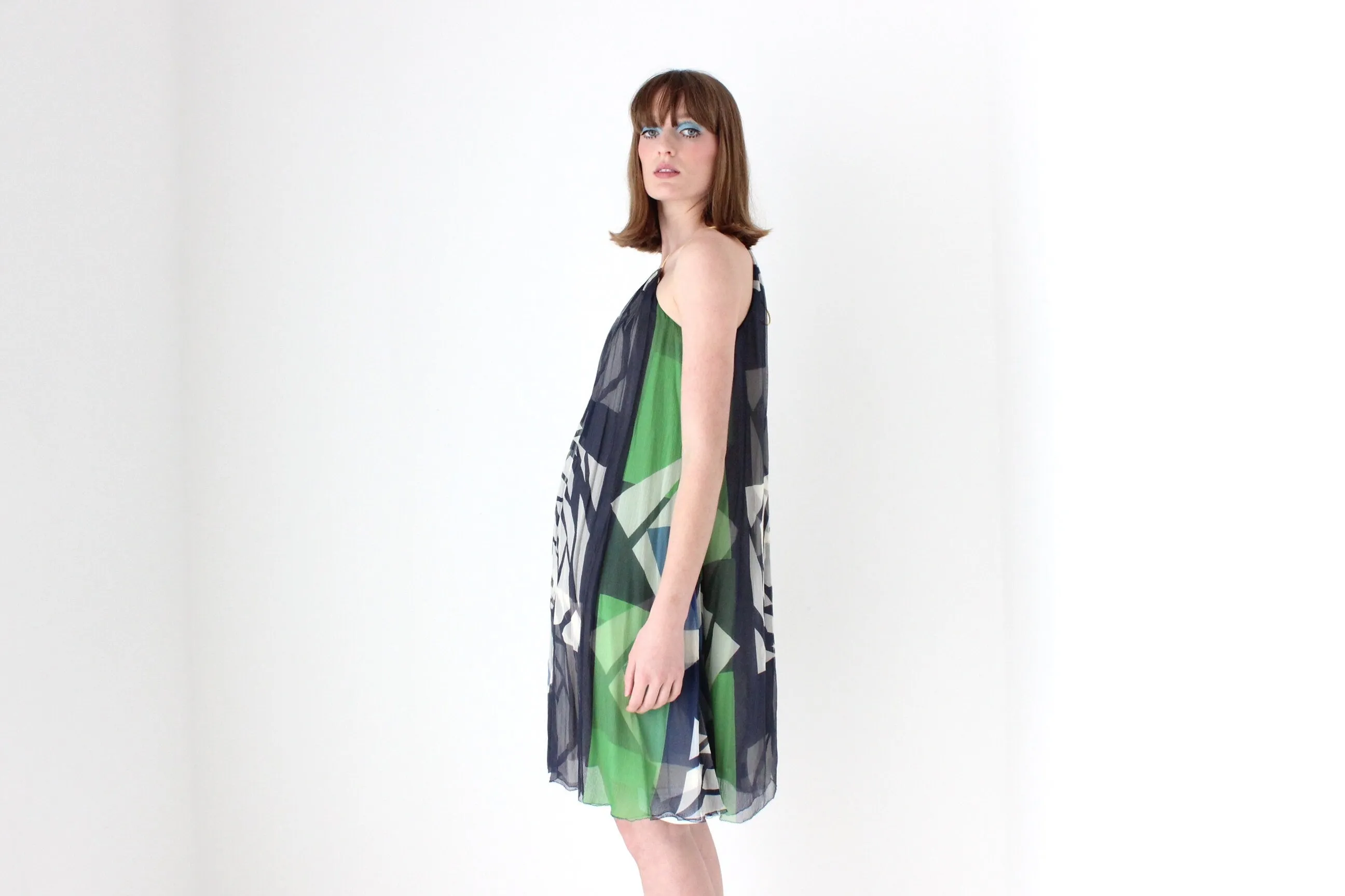 Y2K Designer CATHERINE MALANDRINO Patchwork Silk Trapeze Dress