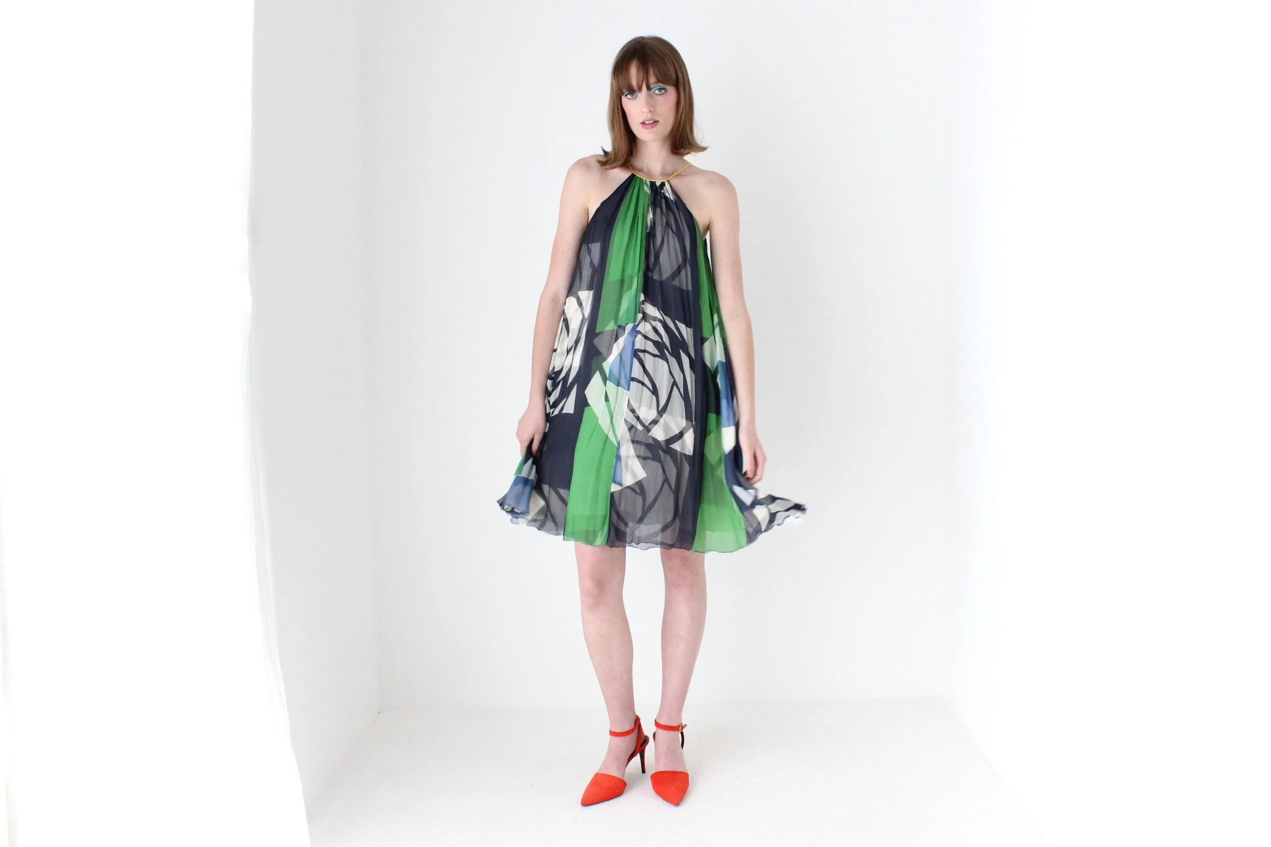 Y2K Designer CATHERINE MALANDRINO Patchwork Silk Trapeze Dress