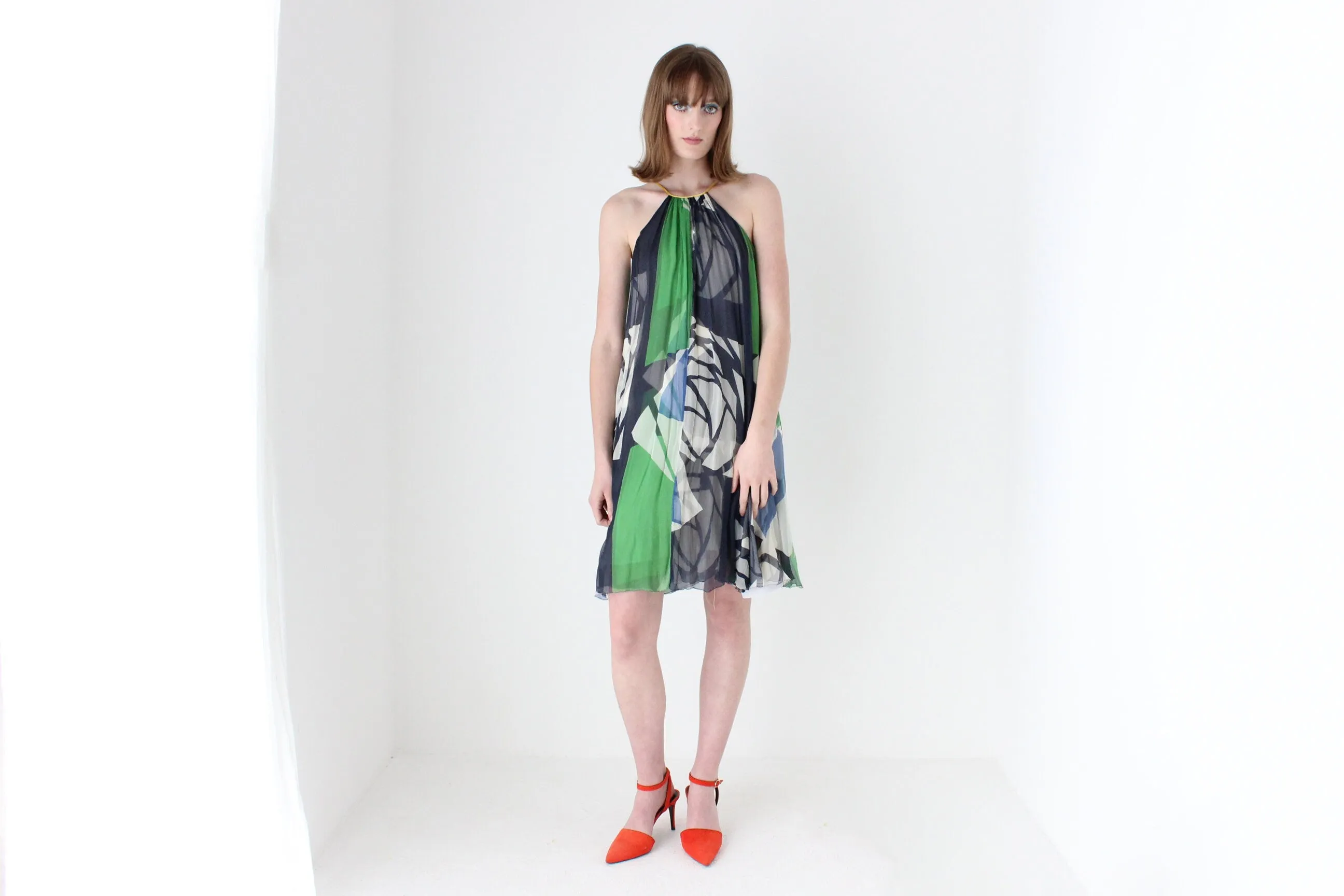 Y2K Designer CATHERINE MALANDRINO Patchwork Silk Trapeze Dress