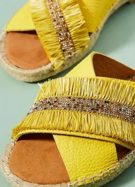 Yellow Fringed Espadrille Slides